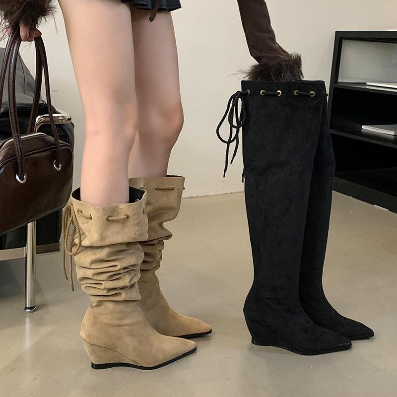 Miting Pointed Pile Boots Women's Boots 2025 Autumn and Winter Heel Suede Strap Pleated Retro Tall Knight Boots