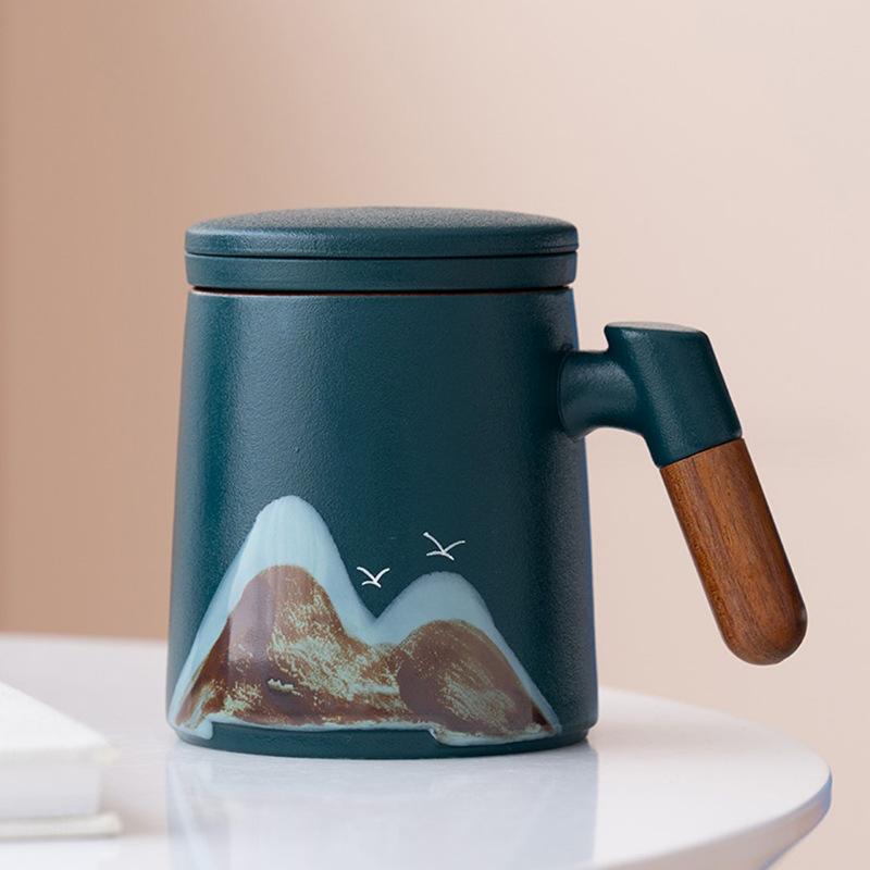 Guochao Holzgriff Yuanshan Keramiktasse mit Deckel Qianli Weißporzellan Jiangshan Büro Tee- und Wasserseparation Geschäftsgeschenk
