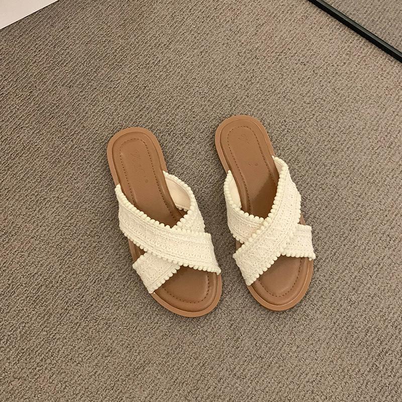 Cool tofflor i etnisk stil för kvinnor sommar 2025 nya bohemiska damsandaler med platt sula och korsband