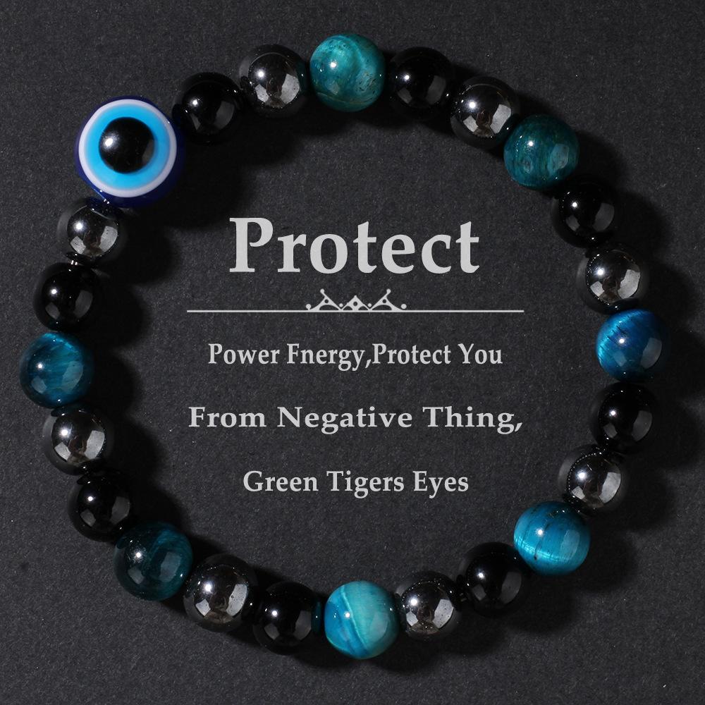 Triple Protection Bracelet  Blue Tigers Eye Black Bile Obsidian Evil Eye Beaded Bracelet Handmade Stretch Beaded Bracelets