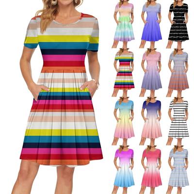 Damen Kurzarmkleid Plissee Loose Swing Freizeitkleid mit Taschen Knielange Kleider