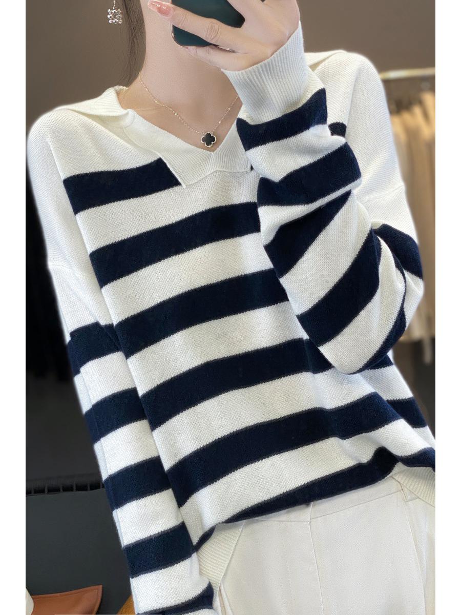 

Новый полосатый кашемировый шерстяной свитер с воротником - Длинный рукав и повседневный свободный крой XL