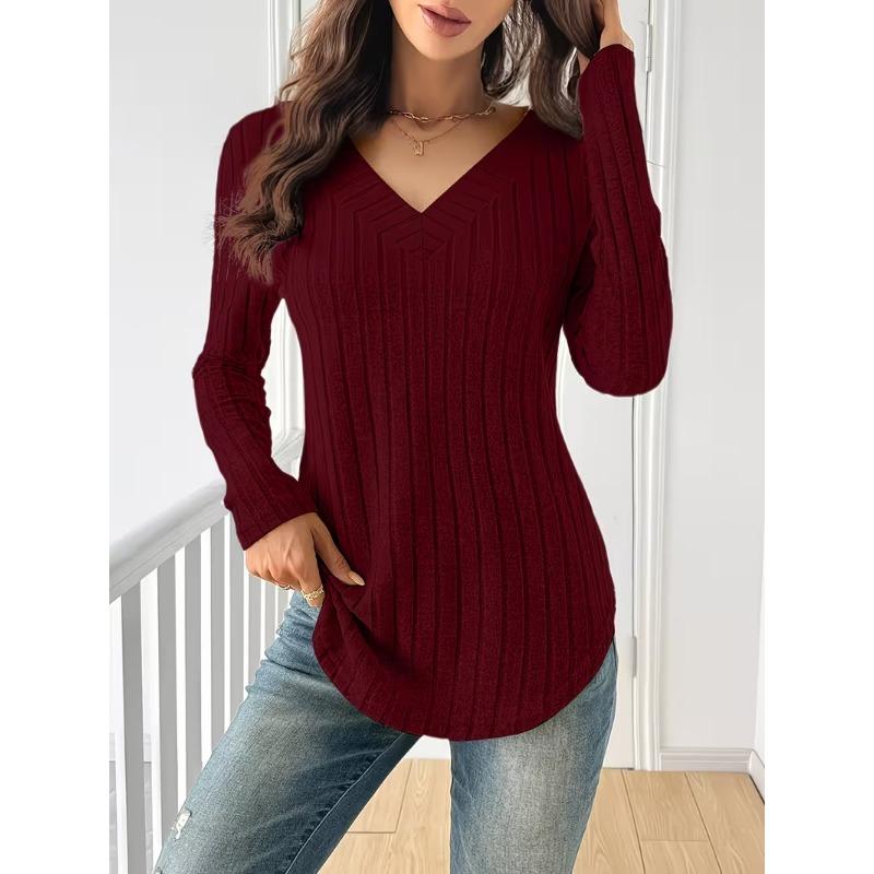 Women S Long Sleeve V Neck Ribbed Casual Autumn T Shirt