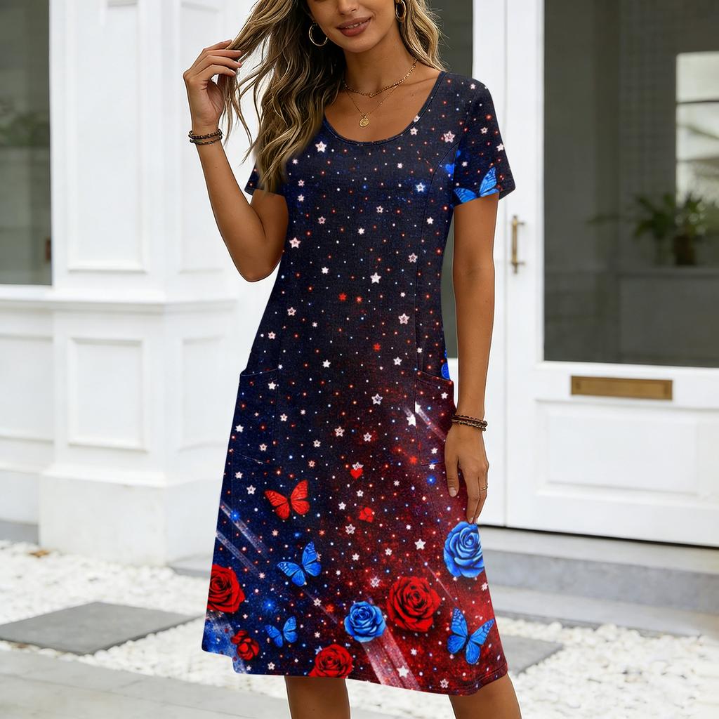 Women’s Short Sleeve Round Neck Butterfly Print Maxi Dress with Pockets Casual Loose Fit Summer Holiday Style Dress