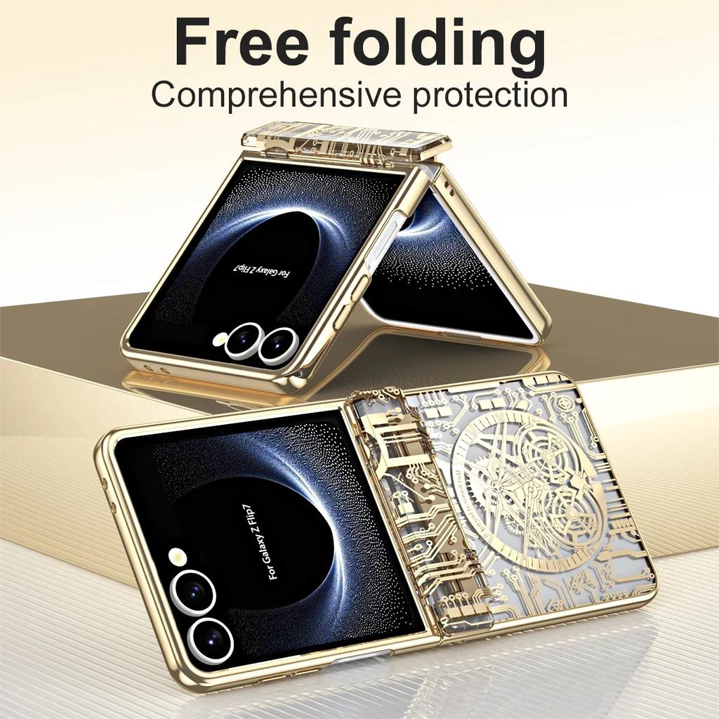 Mechanical Style Phone Case for Samsung Galaxy Z Flip 7 Fe 6 5 4 Flip7 Hinge Protection Clear Cover Luxury Electroplate