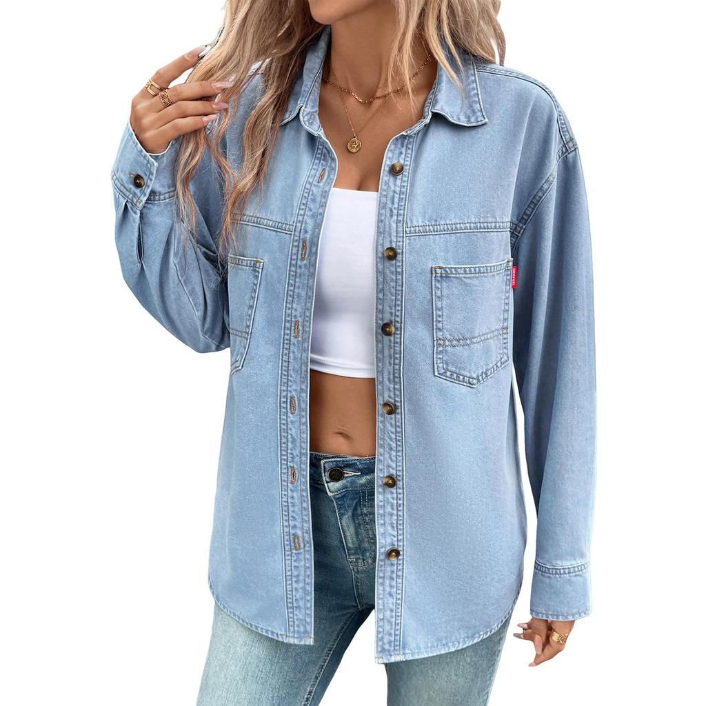 Women's Fashion Washed Vintage Denim Pocket Long Sleeve Shirt Tops Women