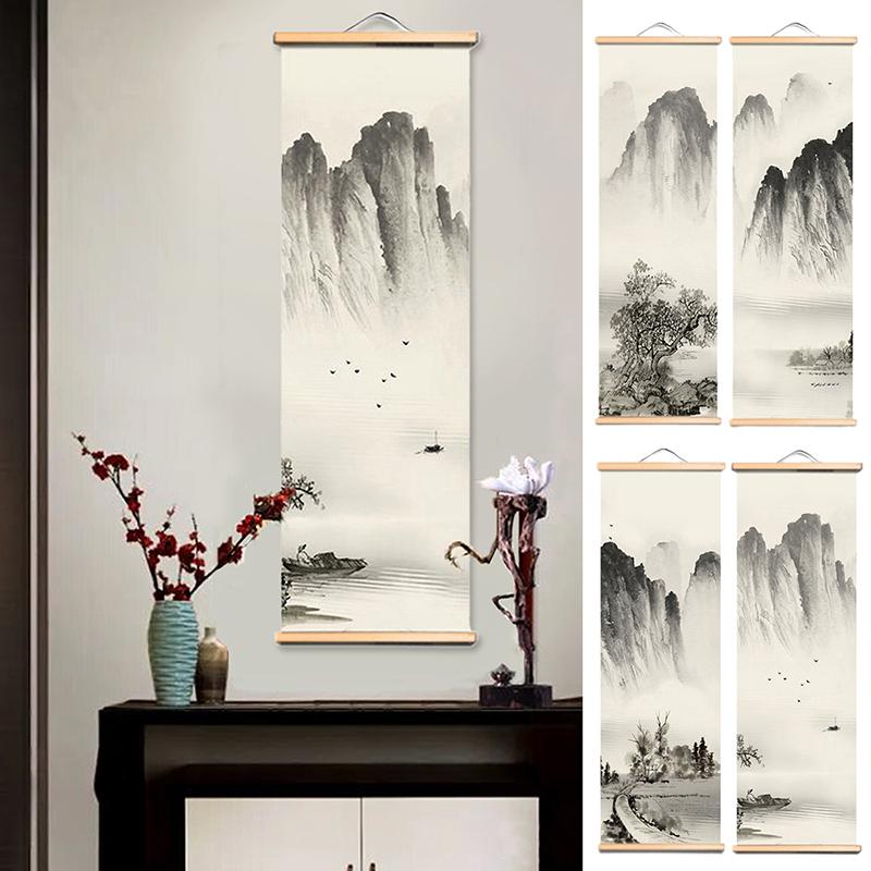 1PC/4PC Painting Chinese Style Ink Painting Alpine Canvas Decorative Solid Wood Scroll Paintings