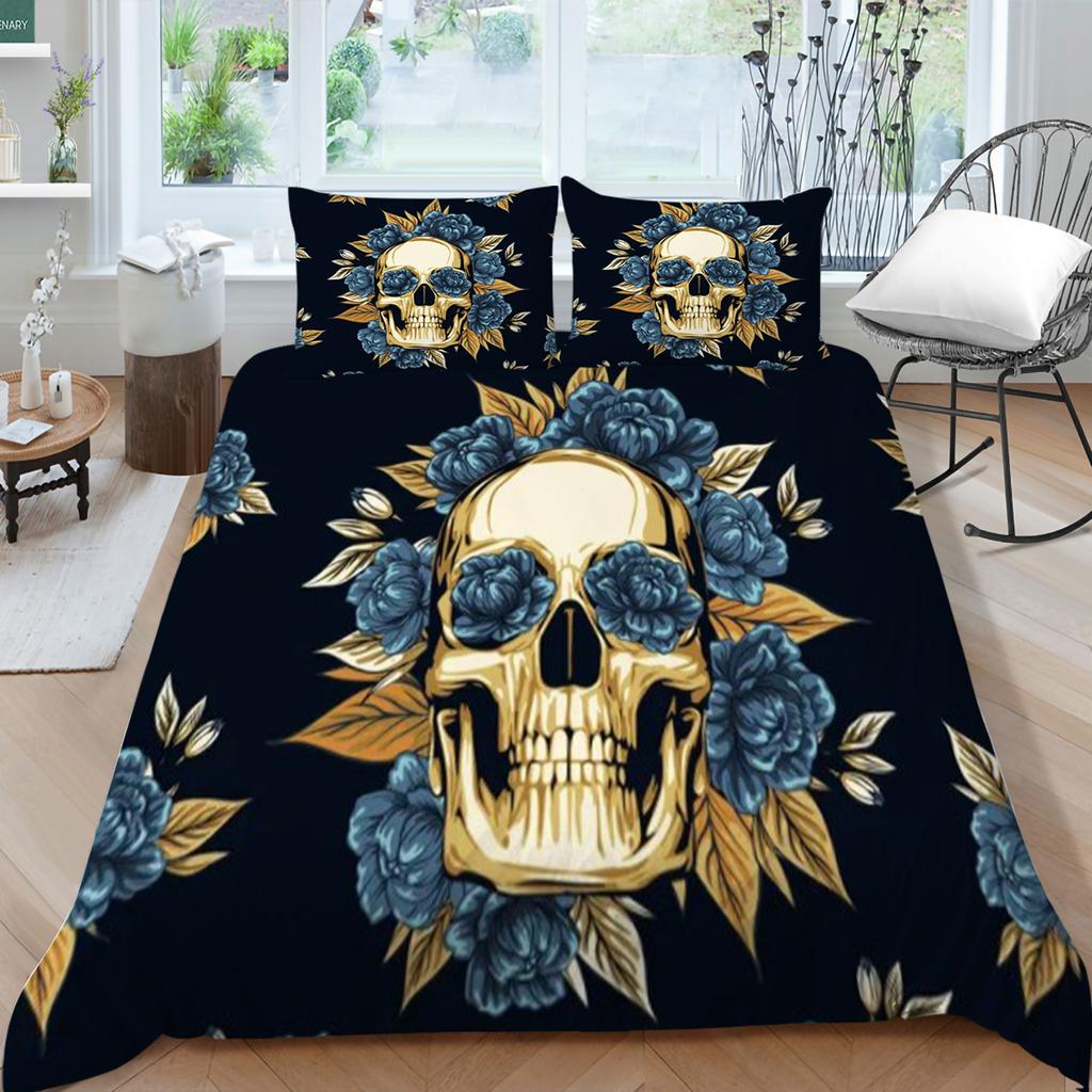 Bettbezug-Set mit Totenkopf-Druck, für King-Size-Bett, Doppelbett, Heimtextilien, modische Bettwäsche, Anzug, Bettbezüge, einzigartiges Design