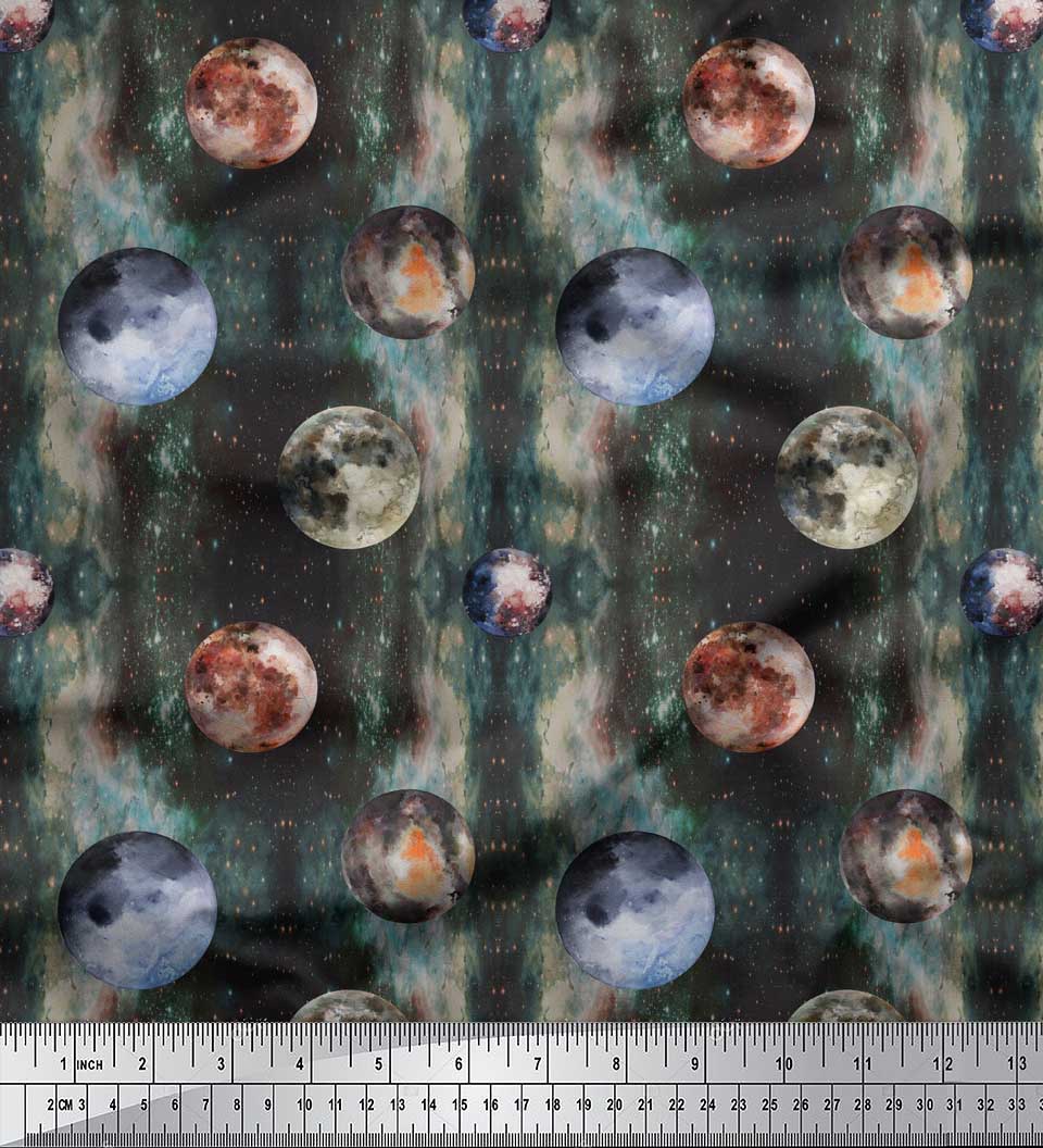 

Блакитна полімерна крепова тканина Soimoi Місяць і планета Галактика Друк на тканині 42 дюйми 42 Inch Wide - Poly Crepe зелений
