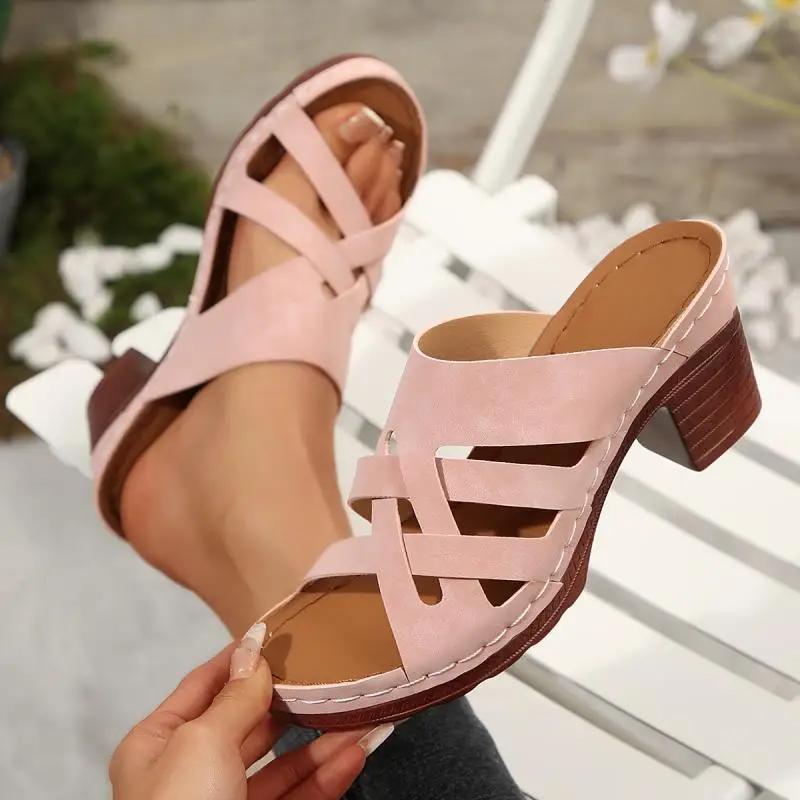 Fashion Classic Pink Comfortable Daily Shoes Elegant Round Toe Cross Tie Straps Slippers Women 2025 Summer High Heels Shoes Women