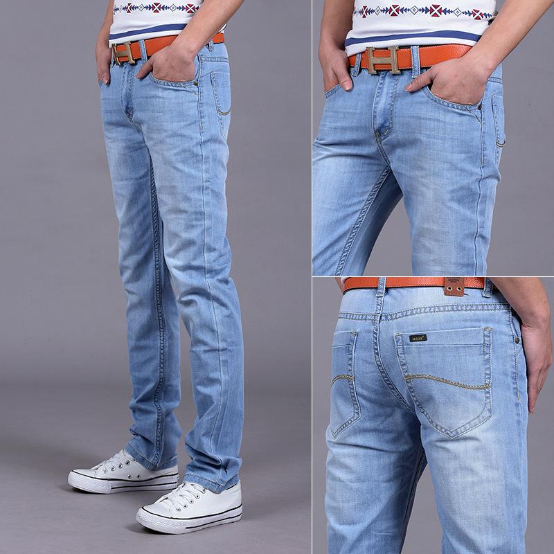

Летние светлые свободные джинсы мужские Узкие прямые модные повседневные мужские тонкие срезы средней талии длинные брюки 36 светло-синий