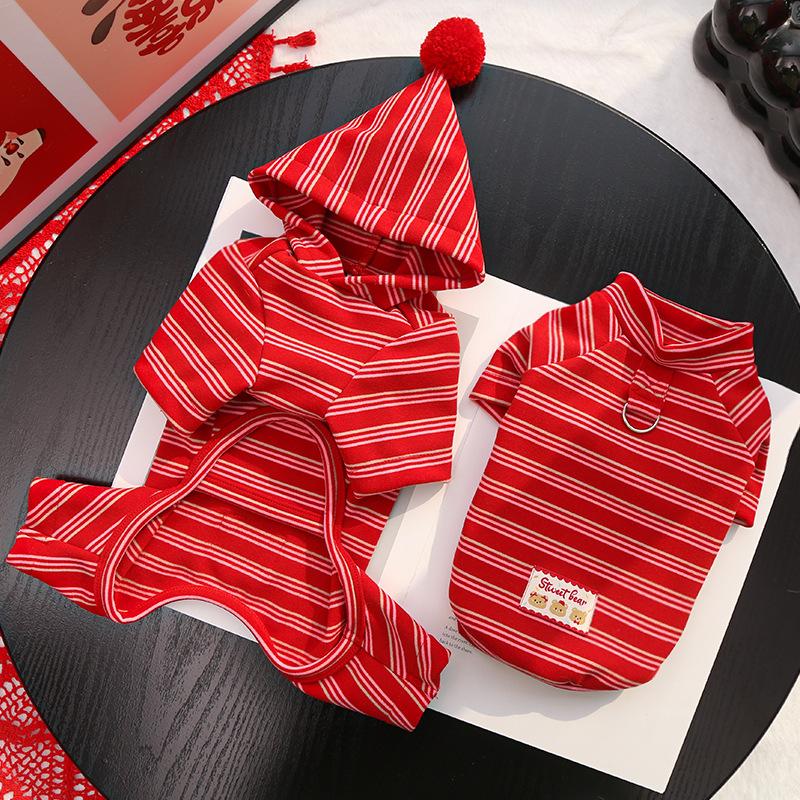New Year Festive Red-striped Cashmere Pet Four-legged Coat, Warm and Cozy for Dogs and Cats.