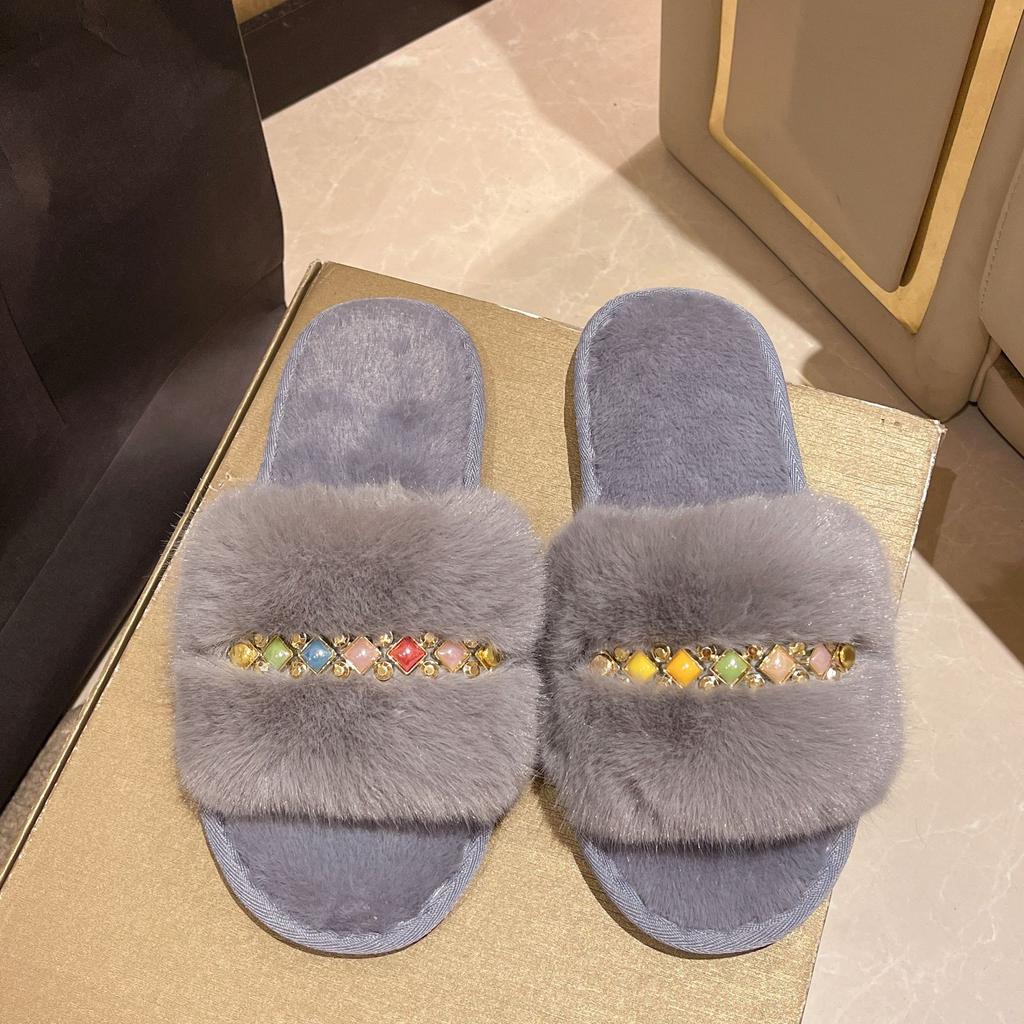 Comemore Plush Slippers Women Soft Black Faux Fur House Cotton Slides Woman Indoor Casual Flat Heel Fur Slippers Women Shoes