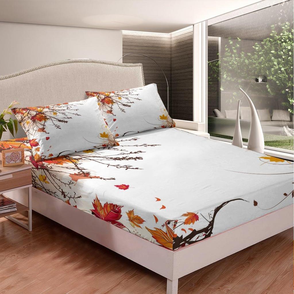 Autumn Maple Branch Pattern Bed Hat Three-Piece Digital Printing Bedding Bed Hat Three-Piece Set Children And Adults