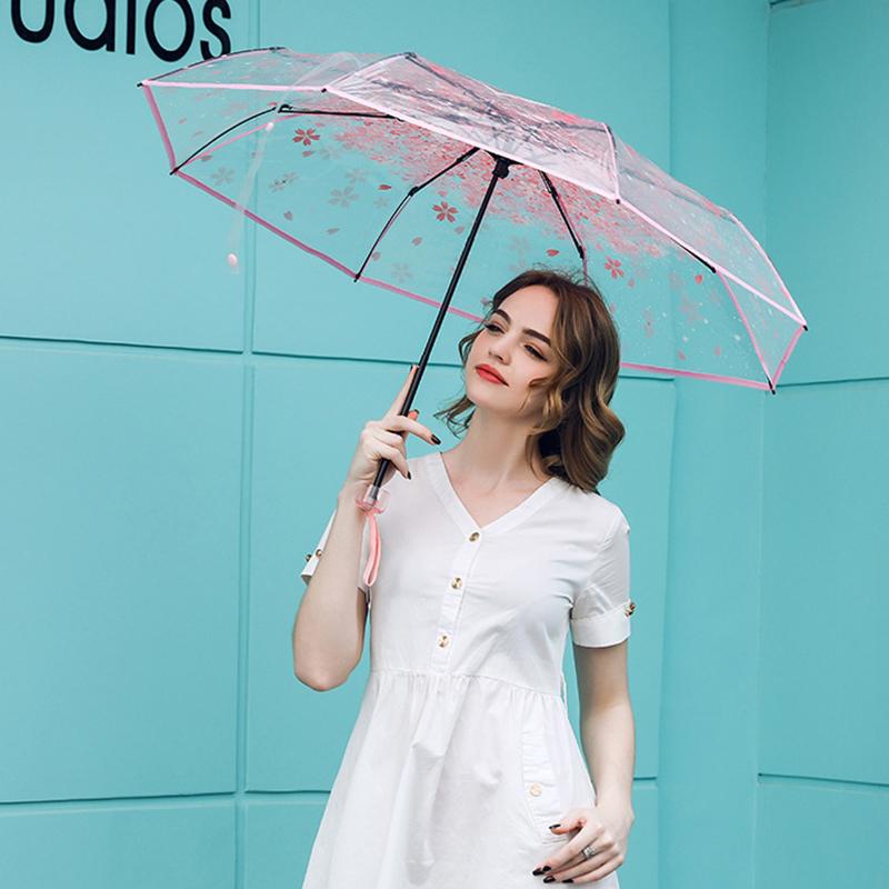 Korean Style Umbrella Folding Cute Goddess Small Fresh Simple Forest Style Three Fold Cherry Blossom Transparent Umbrella