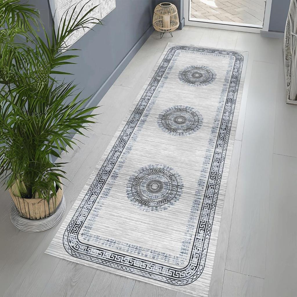 Šedý klasický vzorovaný koberec do obývacího pokoje, omyvatelný koberec do předsíně, autentický běhoun, měkký koberec do obývacího pokoje