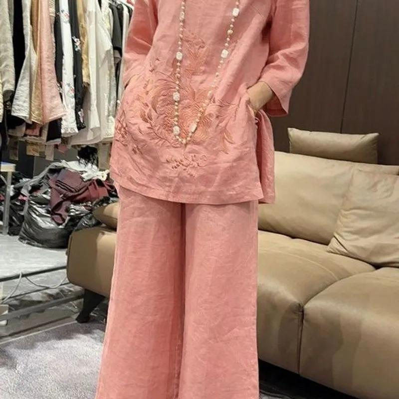 Dámský Růžový Lněný Nový Čínský Styl Vyšívaný Dvoudílný Set 3/4 Rukáv Volný Top Široké Kalhoty Ležérní Outfit