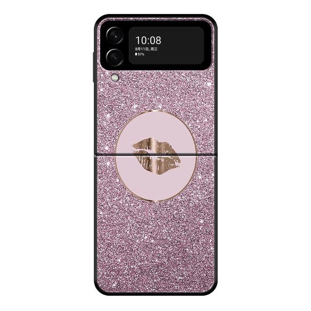 For Samsung Galaxy Zflip Z Flip3 5g Flip Zflip3 Phone Case Black Cases Hard Pc Rose Pink Pattern Bling