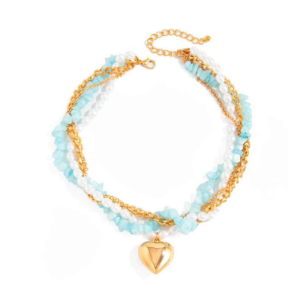 Elegant and Simple Heart-shaped Pendant Necklace, Fresh and Sweet Turquoise Imitation Pearl Necklace, Women's Daily Dating Jewelry Accessories