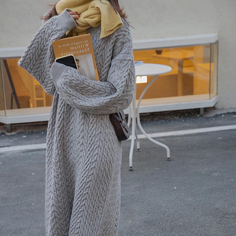 Autumn and Winter V-neck Retro Twist Embossed Pullover Sweater, Medium and Long Casual Knitted Bottoming Dress for Women