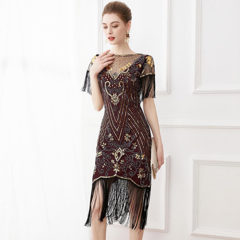 Vintage 1920s Sequin Beaded Ball Gown with Embroidery & Tassels - Plus Size Cocktail Dress