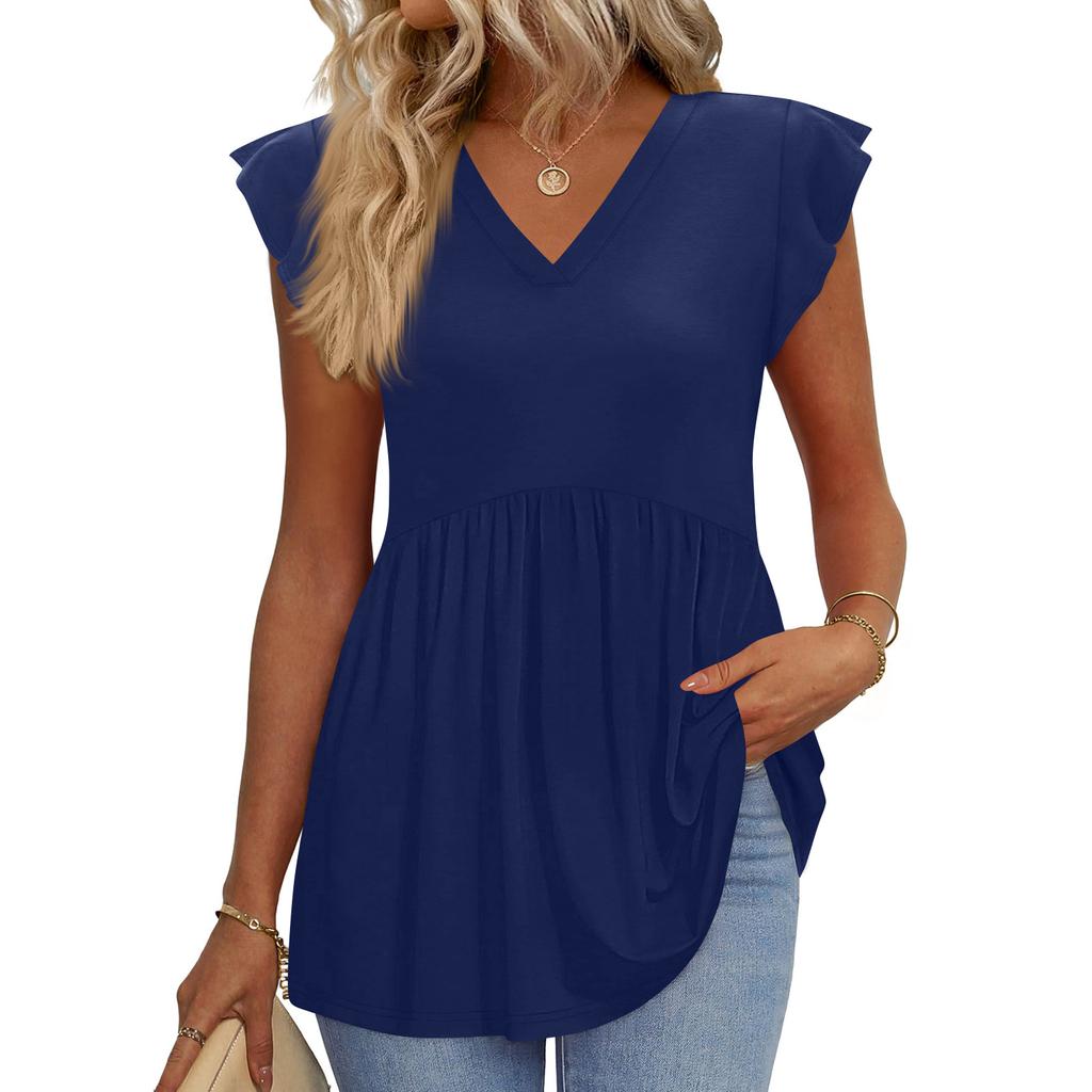 Womens Tops Fashionable V-neck Ruffled Sleeve Short-sleeved T-shirt Business Blouses