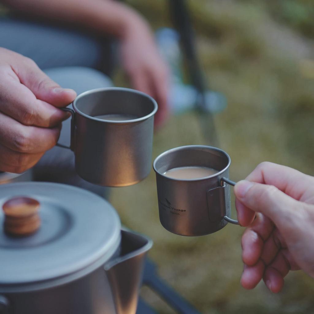 Boundless Voyage Titanium Mug Set, 120 ml and 180 ml, Folding Handles, with Storage Bag