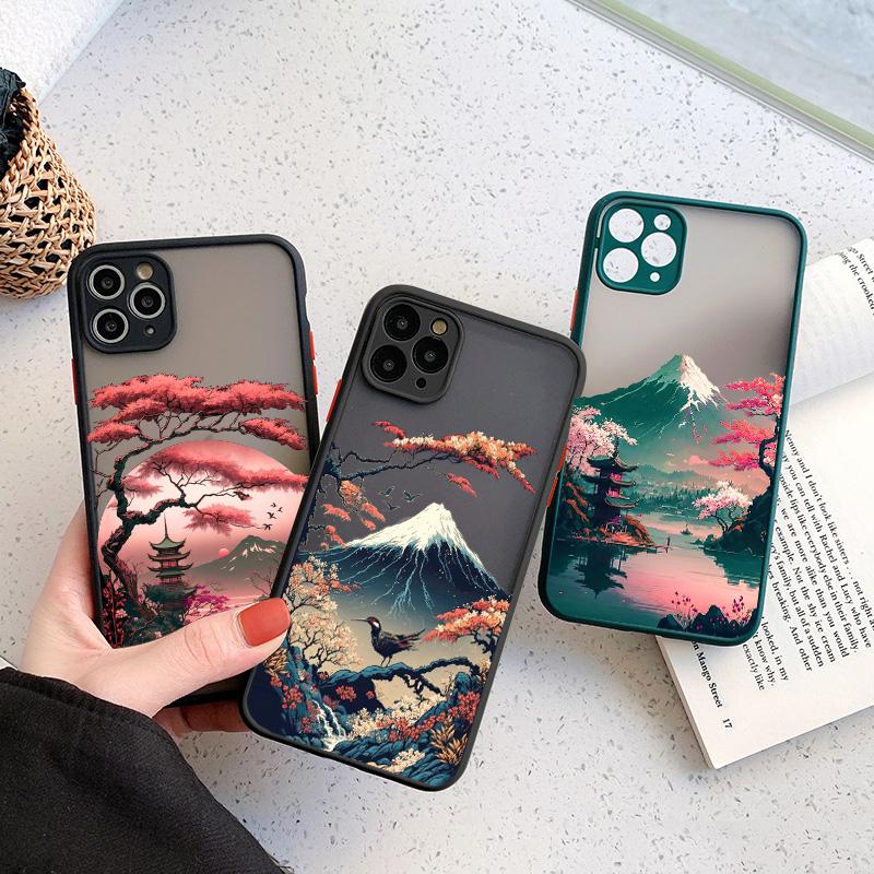 Japanese Aesthetic Mount Fuji Landscape Map Phone Case For iPhone 16 11 XR XS 13 12 14 15 Pro Max Mini SE2 7 8 Plus Shockproof