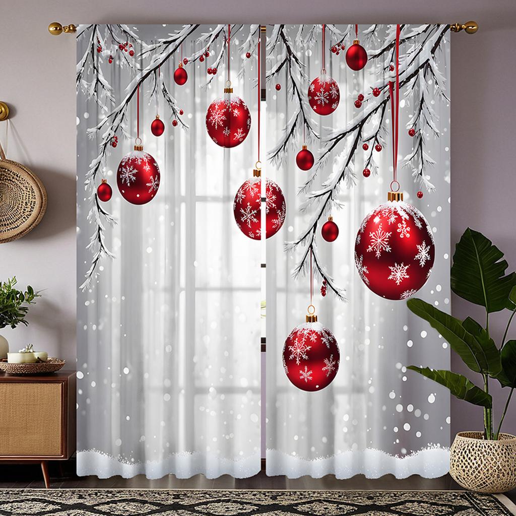 2 stücke HD Weihnachten Schnee szene rot drop ball dekorative vorhang weiße krawatte digital gedruckt vorhang Hause dekoration stil decorat