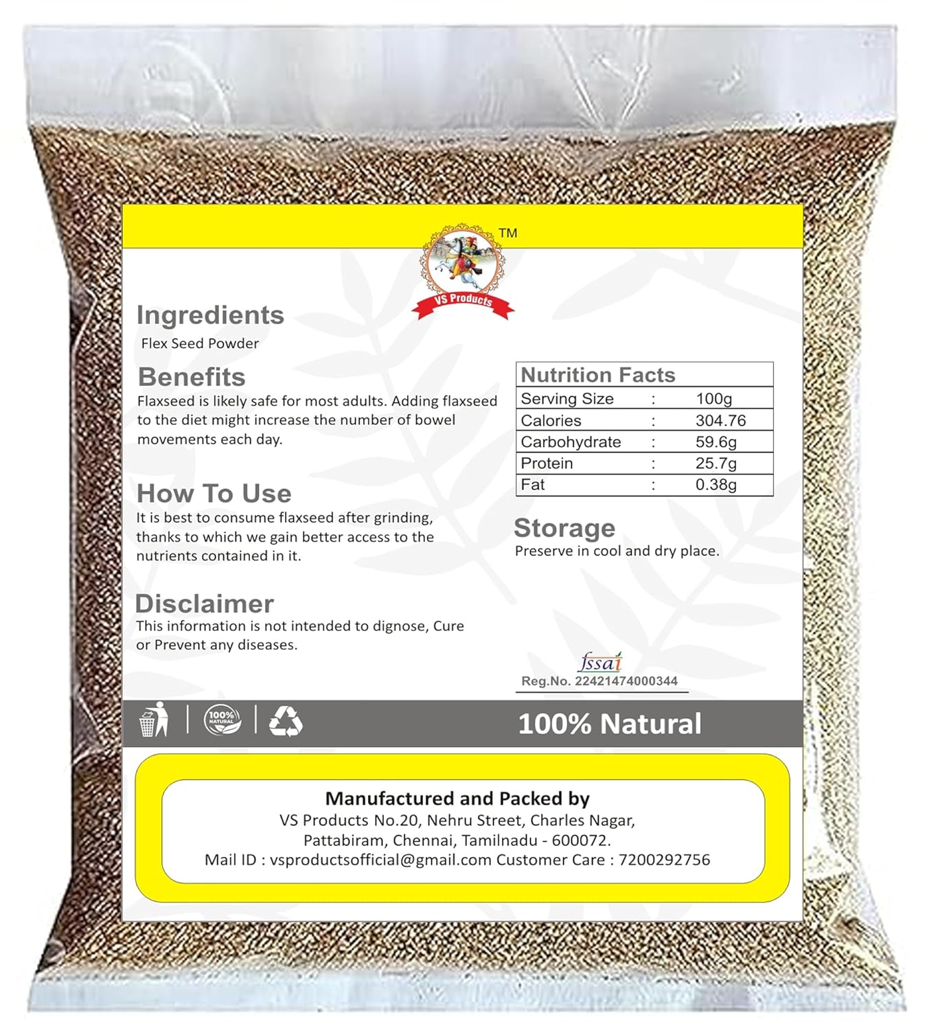 

Vs Products Aali Vidhai Powder Flax Seed Powder, Essential For Heart Health | 1000gm 2.2lbs