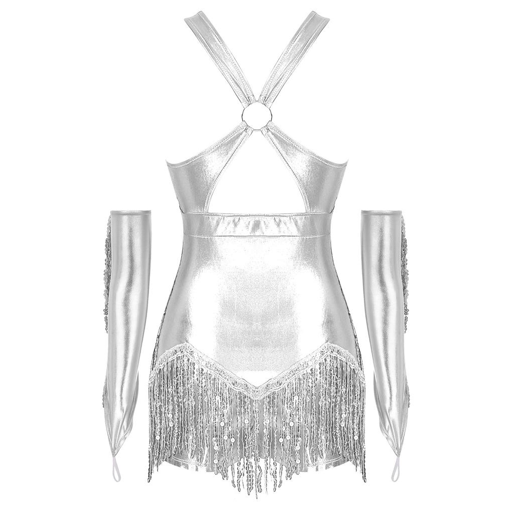 Dámský třpytivý kostým na tanec cha-cha s křížením vpředu, flitrovaným leotardem s třásněmi a metalickými rukavicemi, vystoupení