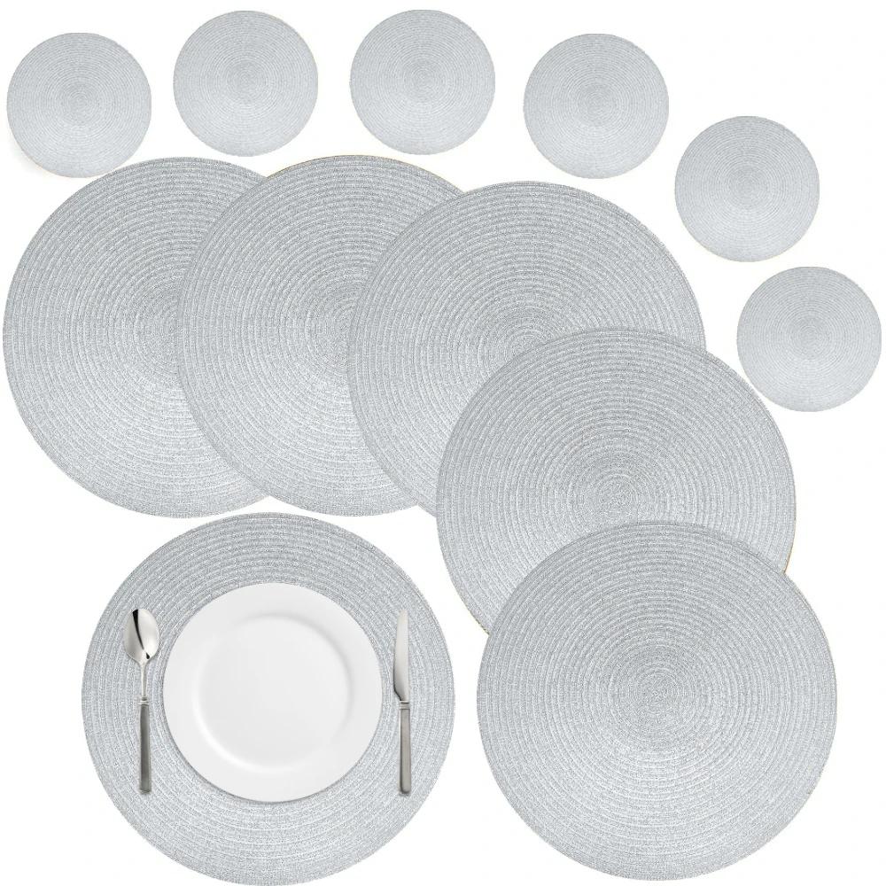 6Pcs Round Table Mat and Cup Coasters Set Woven Ramie Placemats Anti Slip Dining Placemats Non-Slip Tableware Bowl Pads Kitchen