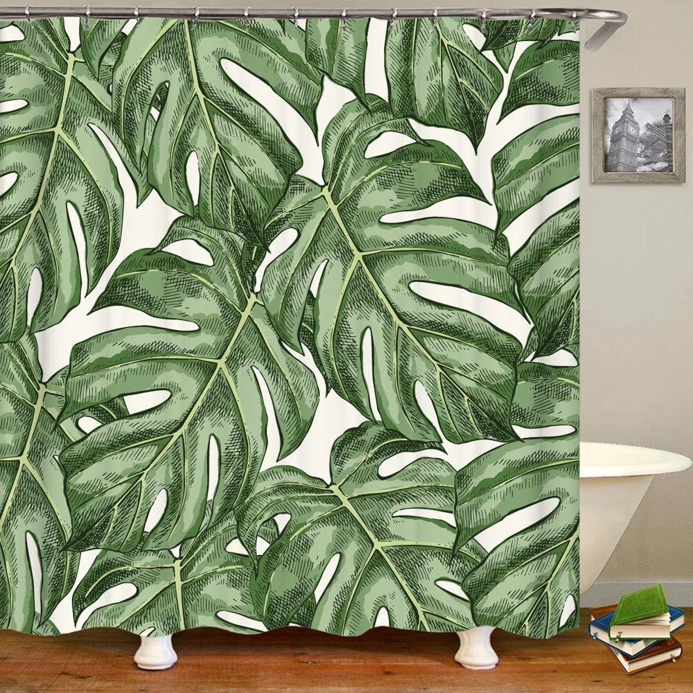 Green Plant Leaves Printed Shower Curtains Waterproof Polyester Curtain with Hook Decoration Bathroom Curtains 3D Shower Curtain