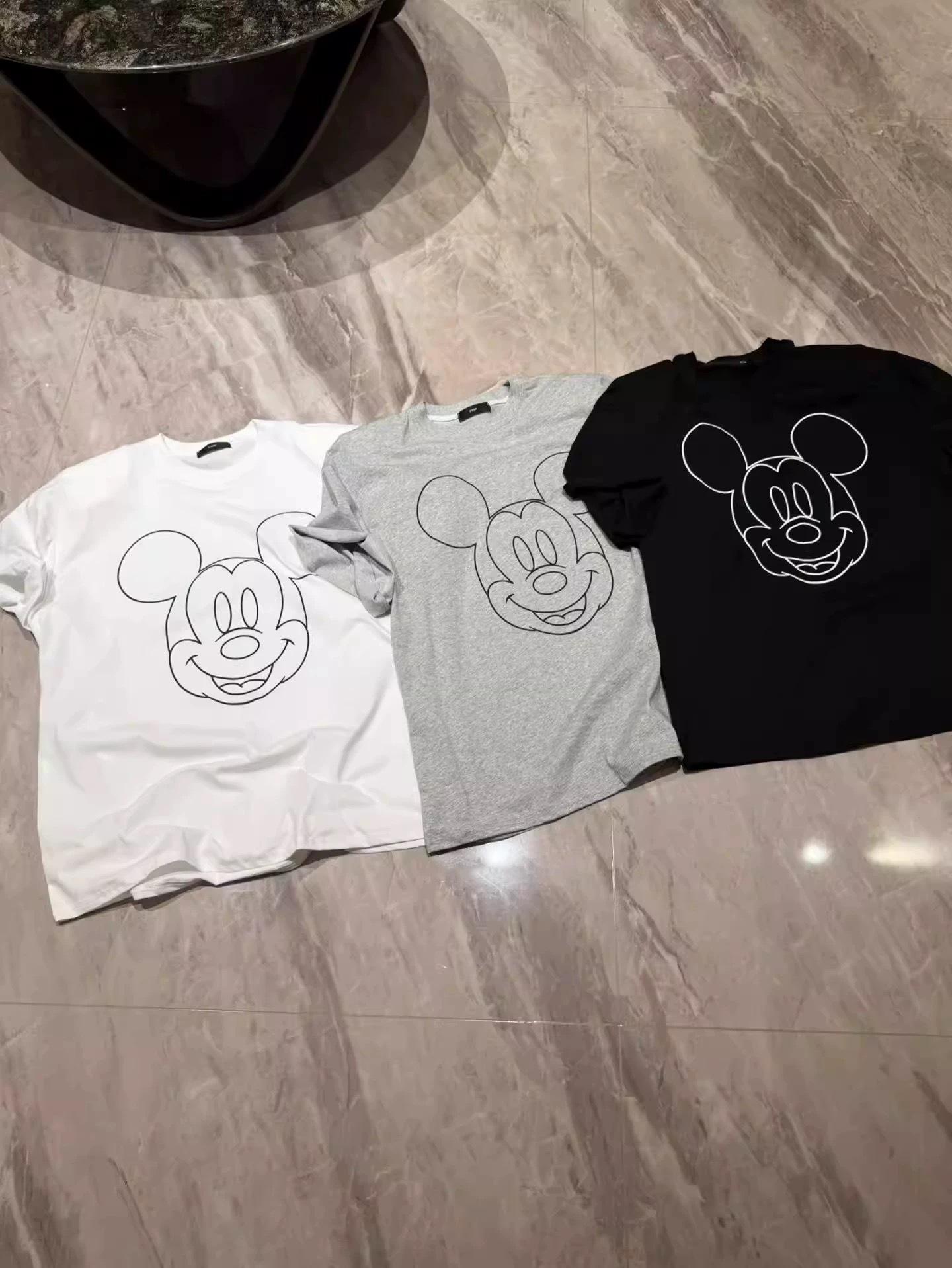 Korean Dongdaemun Loose Fit Mickey Print Cotton T-Shirt for Women XL светло-серый