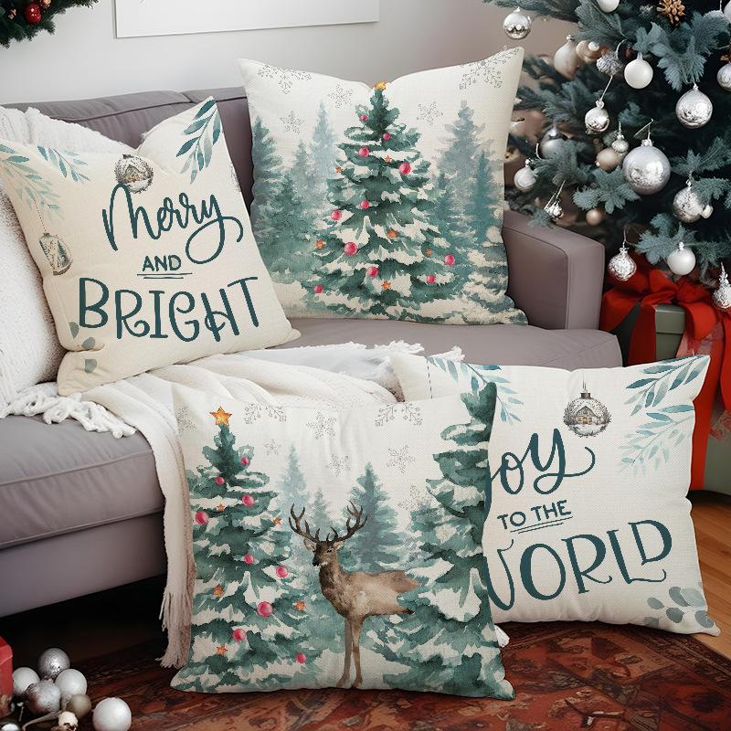 New Christmas Tree Deer Christmas Pillow Cover Linen Printed Pillow Cover Festive Room Sofa Ornament Cushion Cover