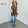 Women Sweater V-neck Sleeveless Solid Color Knitting Vest with Pockets Ribbed Trim Loose Fit Mid-length Casual Knitwear