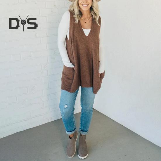 Women Sweater V-neck Sleeveless Solid Color Knitting Vest with Pockets Ribbed Trim Loose Fit Mid-length Casual Knitwear