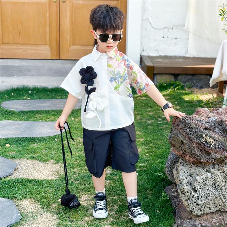 Boys' 2026 Summer Fashion: 3D Flower Print Short Sleeve Shirt & Shorts Set