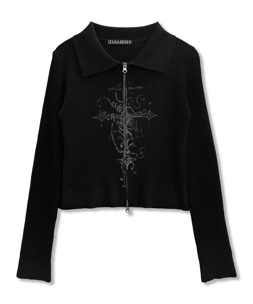 Damiswi Cross Print Ribbed Knit Zip-Up_Black