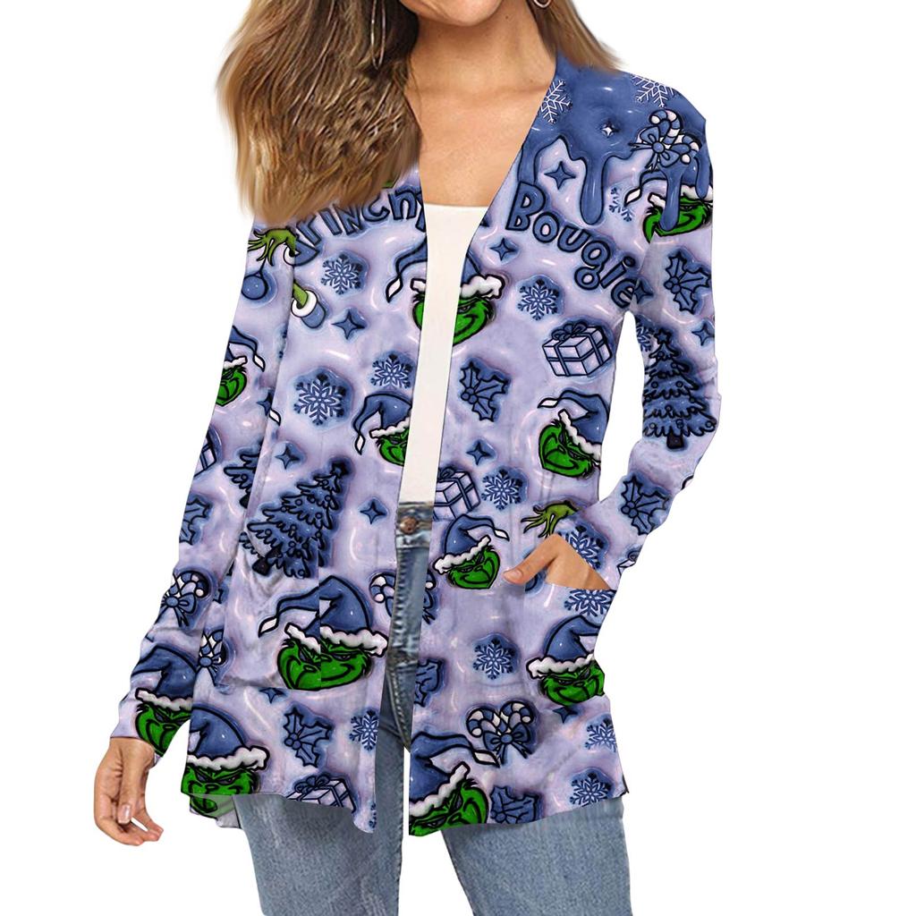 Women's Fashion Christmas Print Long-Sleeved Pocketed Slim-Fit Cardigan Coat
