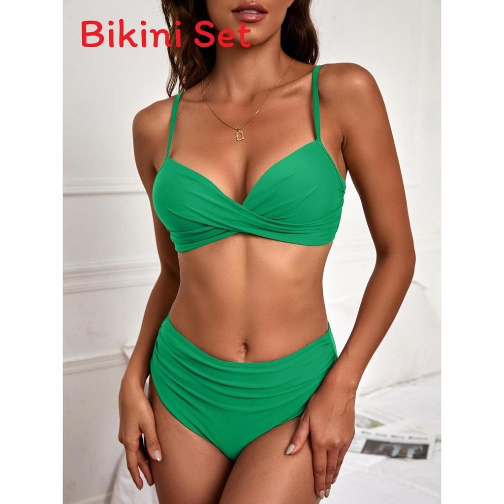 Women Solid Color Bikini Swimsuit With Triangle Top And Steel Support For Summer Beachwear