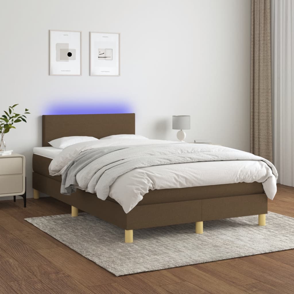 Box Spring Bed with Mattress & LED Dark Brown 120x190 cm Fabric