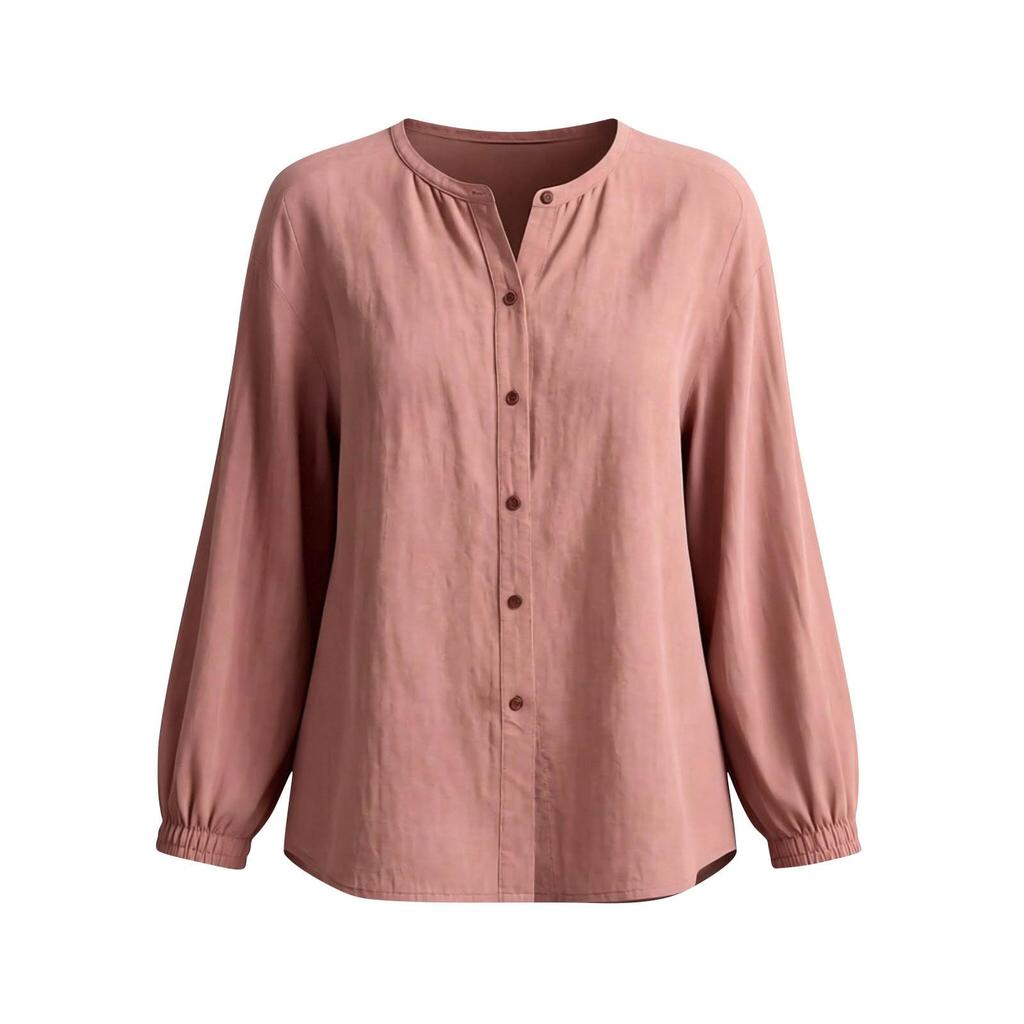 Women's Color Cotton Linen Loose Fit Round Neck Shirt with Cuffed Sleeves