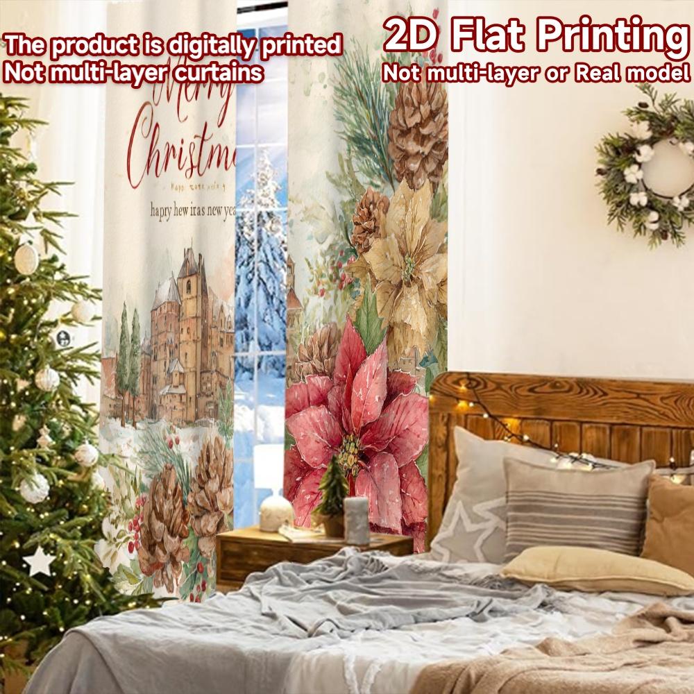 2pcs, 2D FLAT PRINTING Curtains (Without Rod) WinterCastleJoy Christmas Holiday Curtains with Digital Printing Polyester