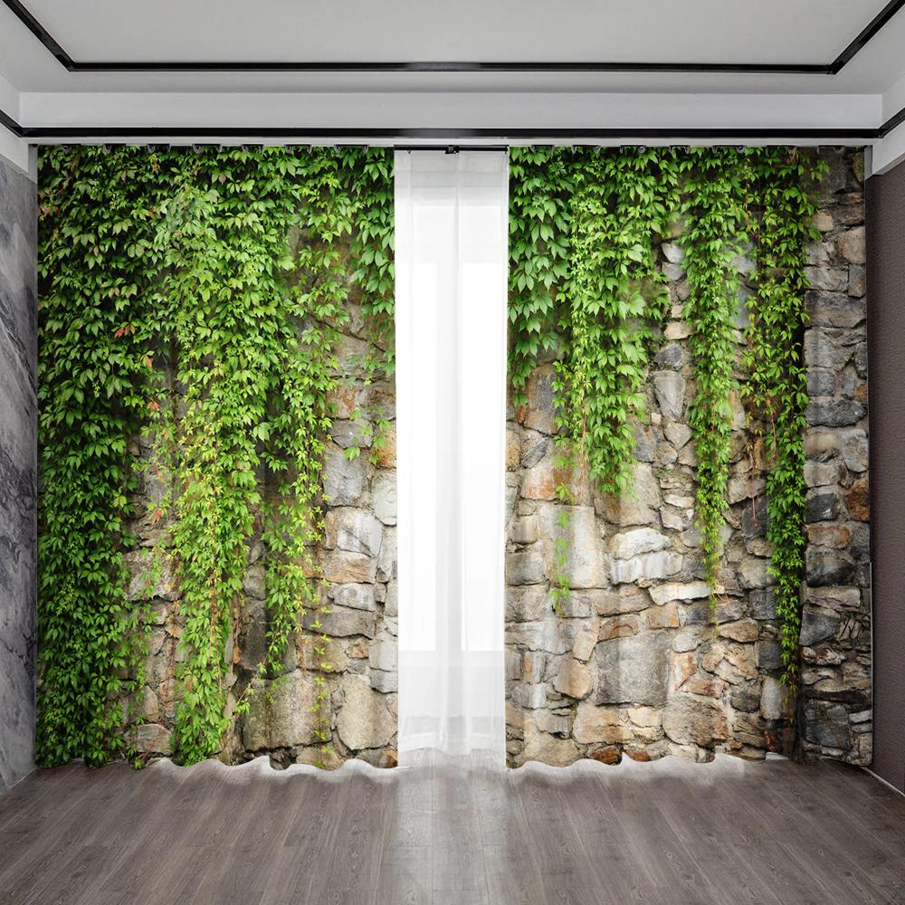 2Pc Home Decoration Curtains, Green Leaf Plant Background Wall, Modern Printed Curtain With Pole Bag, Kitchen, Coffee Shop