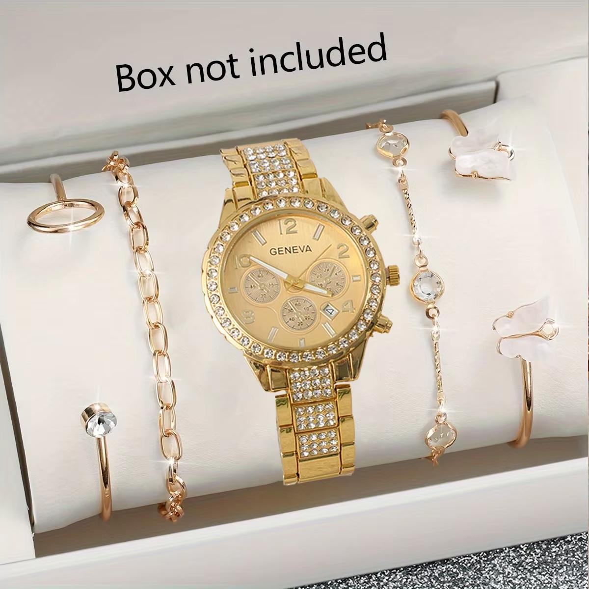

5 шт. - Цифровой дисплей с золотым корпусом и дизайном со стразами, Набор украшений - Трехстрелочные часы из сплава + Браслет-бабочка - Идеально
