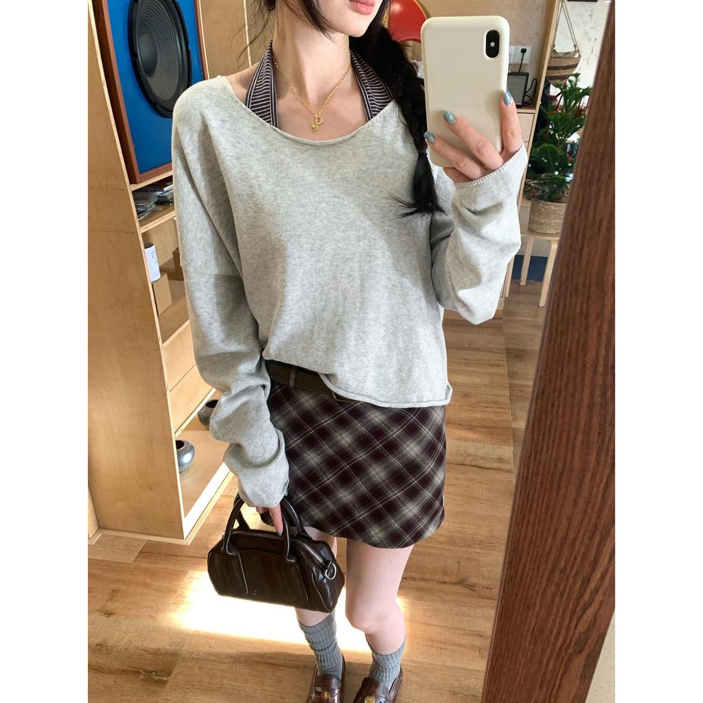 2025 New Women's Grey Knit Long Sleeve Loose Slimming Top
