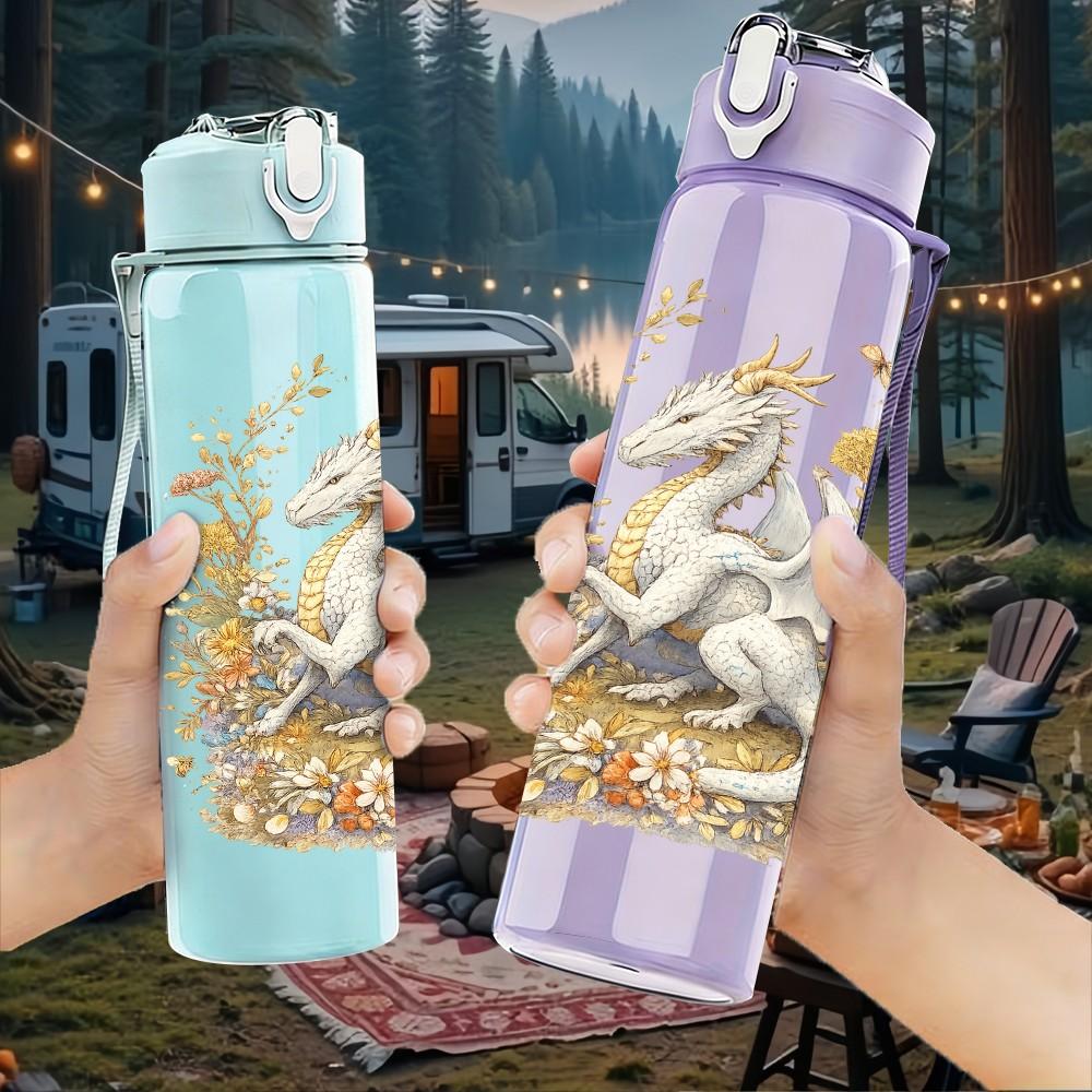 1PC White Gold Winged Dragon Print 750ml Color Plastic Sports Water Bottle Leakproof Flip Straw Lid Suitable for Sports Office Home Use