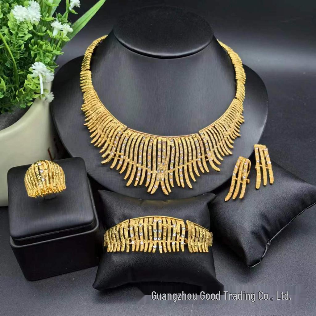 24K Gold-Plated Bridal Jewelry Set: Necklace, Earrings, Ring & Bracelet for Middle Eastern, Indian, and Nigerian Weddings.