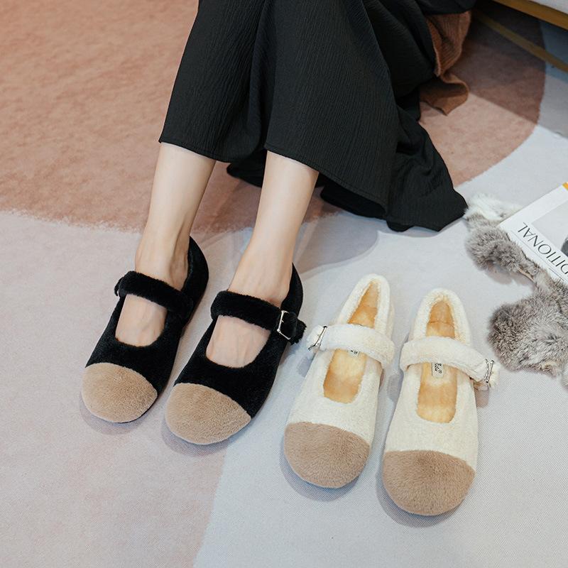 Fashion Furry Mink Hair Mary Janes Woman Winter Fur Lined Flats Female Belt Buckle Loafers Mixed Color Moccasines Shearling Ballet Shoes
